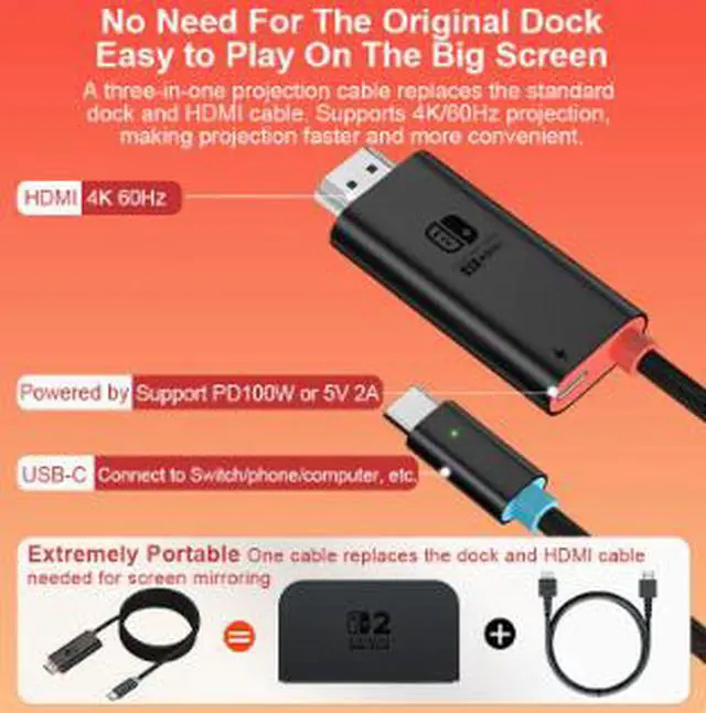 Alt view image 4 of 4 - 2M USB Type-C to HDMI Cable, 4K@60Hz Video Adapter Cable for Laptop, Tablet, Smartphone and Nintendo Switch 2, Aluminum Alloy Shell
