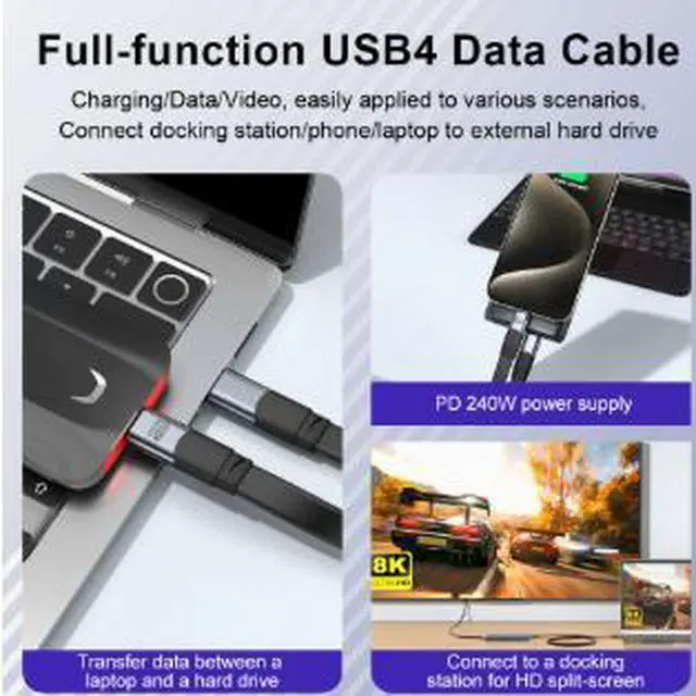 Alt view image 3 of 3 - 0.2M USB4 Flat Type-C to Type-C Cable, 40Gbps High Speed Data Cable with 240W PD Fast Charging, 8K@60Hz Video Support, E-Marker Chip, USB4 M/M Cable