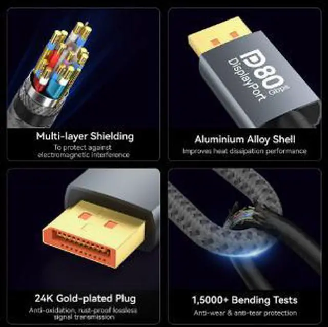 Alt view image 3 of 3 - 2.0M VESA Certified DisplayPort 2.1 Cable, 80Gbps Ultra High Speed DP Male to Male Cable, 16K@60Hz Support, 8K@60Hz, 4K@240Hz Gaming Monitor Cable