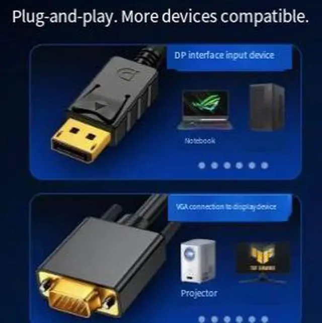 Alt view image 3 of 3 - 1.8M DisplayPort to VGA Adapter Cable, DP Male to VGA Male Converter Cable, 1080P Full HD Video Cable for Laptop, PC, Monitor and Projector