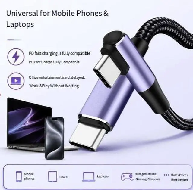 Alt view image 2 of 2 - 3M USB Type-C to Type-C Cable, 100W PD Fast Charging Cable, USB-C Male to Male Right Angle Cable, USB 2.0 Data Cable with Nylon Braided Design