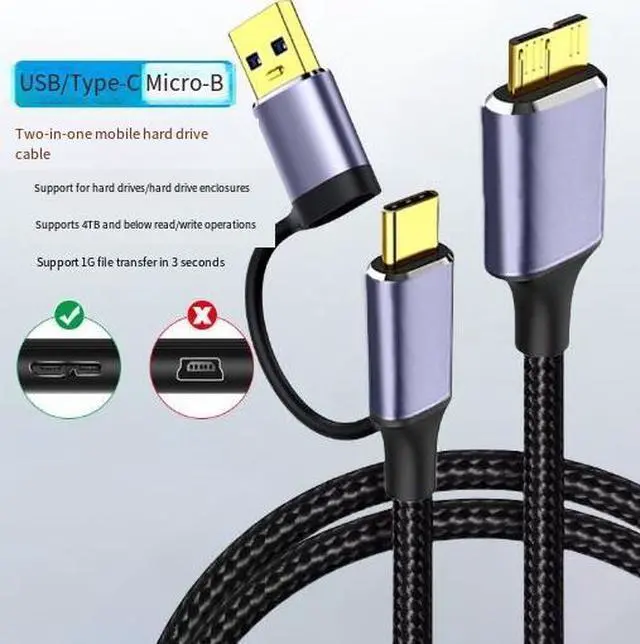 Alt view image 2 of 3 - 2M USB Type-C to Micro USB 3.0 Cable, 2-in-1 Dual Function USB-C to Micro-B Hard Drive Data Cable, 5Gbps High Speed Transfer Cable
