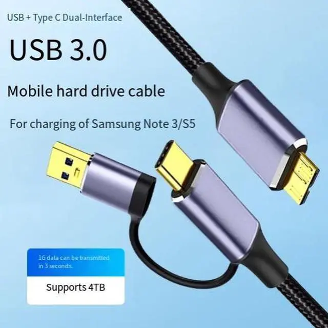 Alt view image 3 of 3 - 2M USB Type-C to Micro USB 3.0 Cable, 2-in-1 Dual Function USB-C to Micro-B Hard Drive Data Cable, 5Gbps High Speed Transfer Cable