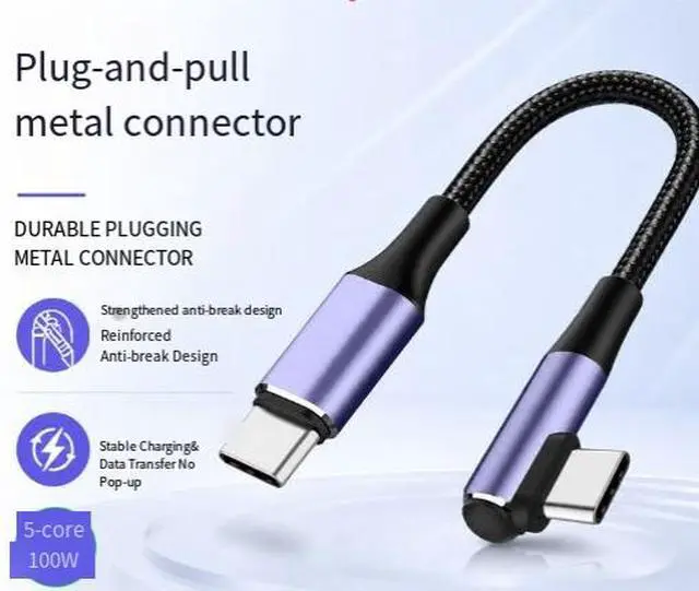 Alt view image 2 of 2 - 3M USB Type-C to Type-C Cable, 100W PD Fast Charging Cable, Single Right Angle USB-C Male to Male Cable, USB 2.0 Data Cable with Nylon Braided Design