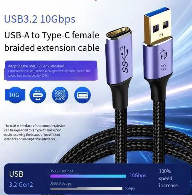 Alt view image 2 of 3 - 1M USB 3.1 Type-A Male to USB Type-C Female Extension Cable, 10Gbps High Speed Data Transfer Cable, 5V/3A Charging Cable for Laptop, Car and USB-C Devices