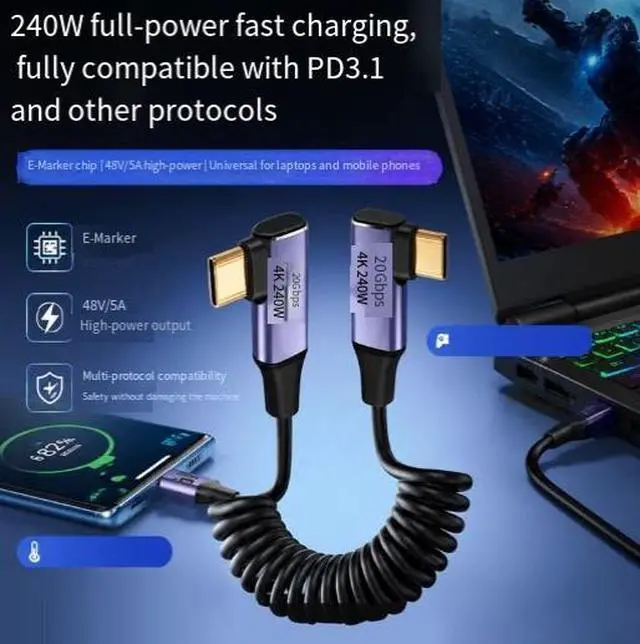 Alt view image 2 of 3 - USB-C to USB-C Coiled Cable, 240W PD 3.1 Fast Charging Cable, 20Gbps High Speed Data Transfer, 4K@60Hz Video Output Cable with Dual Right Angle Connectors