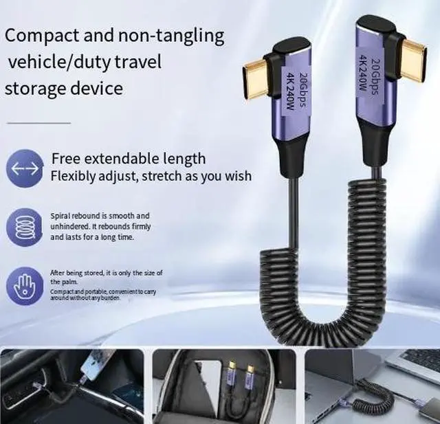 Alt view image 3 of 3 - USB-C to USB-C Coiled Cable, 240W PD 3.1 Fast Charging Cable, 20Gbps High Speed Data Transfer, 4K@60Hz Video Output Cable with Dual Right Angle Connectors