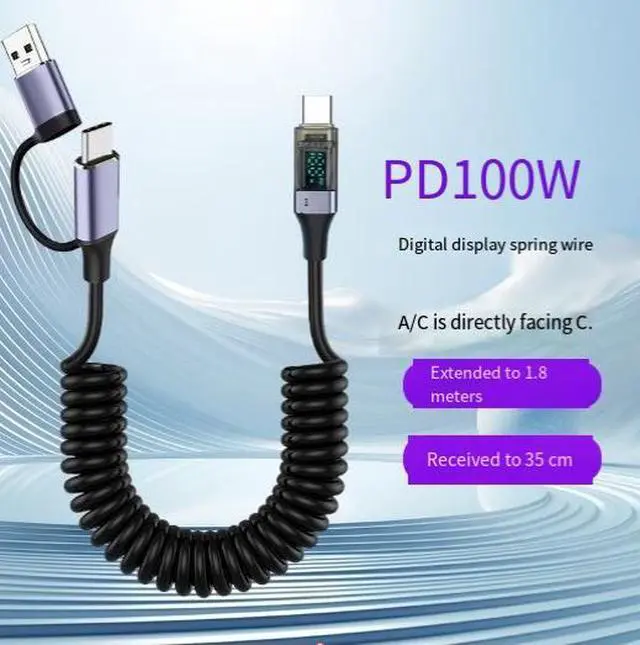 Alt view image 2 of 3 - USB-C to USB-C Coiled Cable with LED Digital Display, 100W PD Fast Charging Cable, Smart Charging Data Cable, Spring Type-C Cable for Laptop and Mobile Devices
