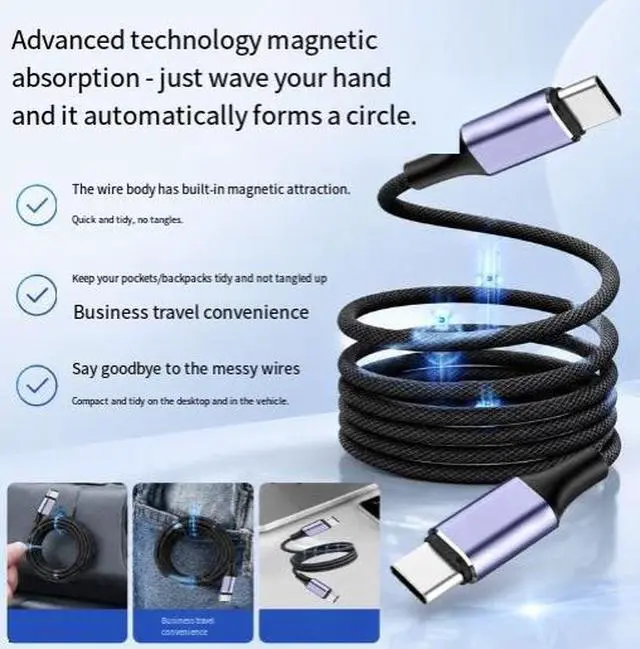 Alt view image 2 of 3 - 2M USB-C to USB-C Magnetic Self-Winding Cable, 100W PD Fast Charging Braided Type-C Cable with Data Transfer for Laptop, Phone, Tablet and Power Bank