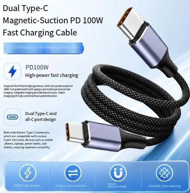 Alt view image 3 of 3 - 2M USB-C to USB-C Magnetic Self-Winding Cable, 100W PD Fast Charging Braided Type-C Cable with Data Transfer for Laptop, Phone, Tablet and Power Bank