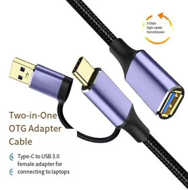 Alt view image 3 of 3 - 1M 2-in-1 USB-C to USB-A Female Adapter Cable, USB 3.2 to USB 3.0 OTG Extension Cable, 5Gbps High-Speed Data Transfer Braided Cable