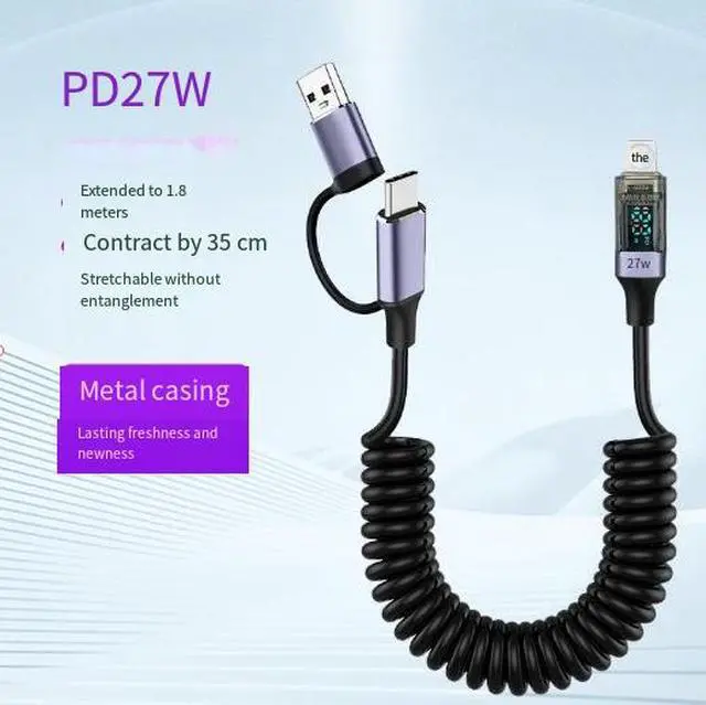 Alt view image 2 of 4 - 2-in-1 PD 27W Digital Display Spring Charging Cable, USB-C to Lightning Cable with Current Display, Fast Charging Data Cable for iPhone Devices