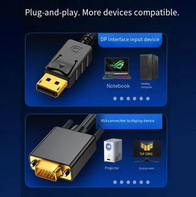 Alt view image 3 of 3 - 1.8M DisplayPort to VGA Cable, DP Male to VGA Male Adapter Cable, 1080P Full HD Video Converter Cable for Monitor, Projector and Display
