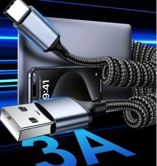 Alt view image 2 of 3 - 2M Retractable USB-A to USB-C Car Cable, Spring Coiled Data Cable with CarPlay Support, High Speed Charging & Data Transfer for iPhone 15/16/17 and Android Devices
