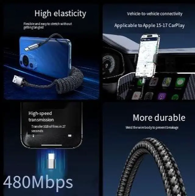 Alt view image 3 of 3 - 2M Retractable USB-A to USB-C Car Cable, Spring Coiled Data Cable with CarPlay Support, High Speed Charging & Data Transfer for iPhone 15/16/17 and Android Devices