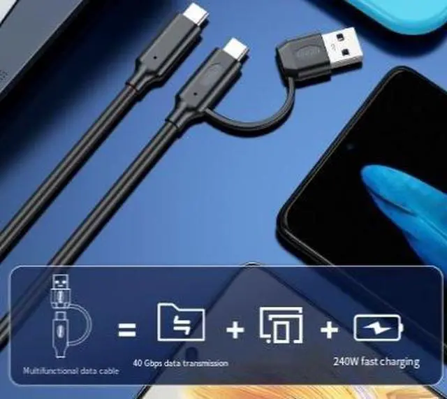 Alt view image 3 of 3 - 2M 2-in-1 USB4 Type-C Cable, USB-C to USB-C & USB-A to USB-C Data Cable, 40Gbps High Speed Transfer, 8K Video Output, 240W PD Fast Charging Cable