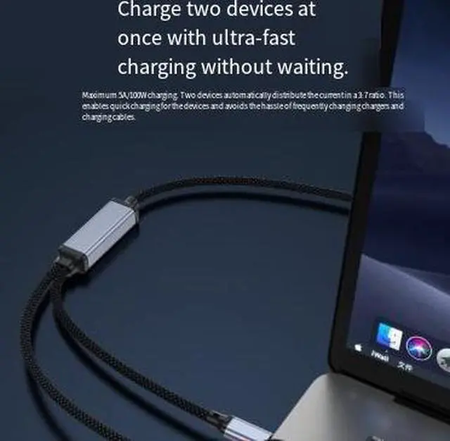 Alt view image 2 of 3 - 1.2M 2-in-1 USB-C Charging Cable, Dual USB-C Splitter Cable Supports 100W 5A Fast Charging, 480Mbps Data Transfer for Laptop, Phone and Car Charger