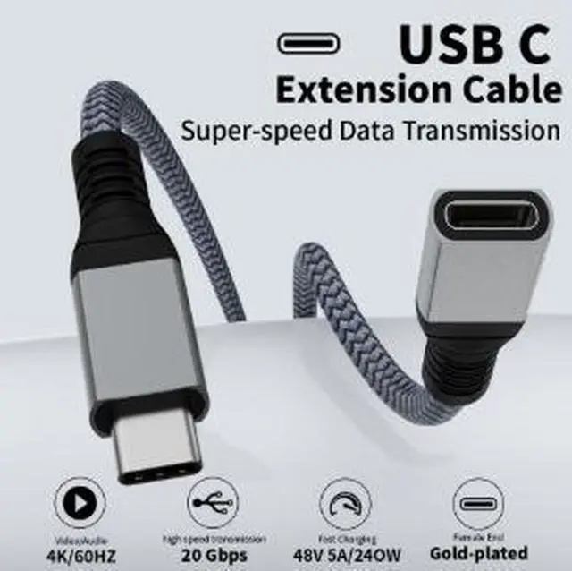 Alt view image 4 of 4 - 1M USB-C Extension Cable, USB-C Male to Female Cable, 20Gbps High Speed Data Transfer, 240W PD Fast Charging, 4K@60Hz Video Extension Cable