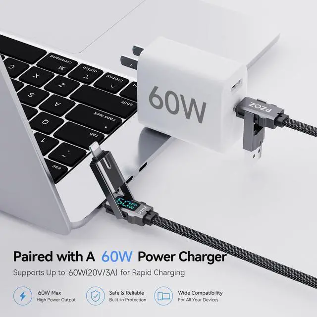 Alt view image 4 of 5 - 4-in-1 Multi Charging Cable with LED Display, One Cable for USB-C & Lightning Devices, 60W Fast Charging Cord, USB A/C to USB C/Lightning for iPhone 17/16/15, iPad, MacBook, Samsung(5 ft)