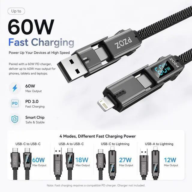 Alt view image 3 of 5 - 4-in-1 Multi Charging Cable with LED Display, One Cable for USB-C & Lightning Devices, 60W Fast Charging Cord, USB A/C to USB C/Lightning for iPhone 17/16/15, iPad, MacBook, Samsung(5 ft)