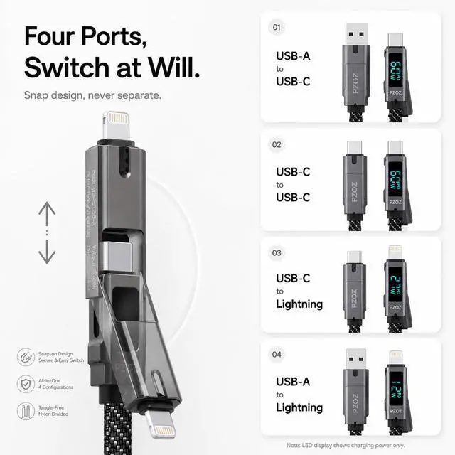 Alt view image 2 of 5 - 4-in-1 Multi Charging Cable with LED Display, One Cable for USB-C & Lightning Devices, 60W Fast Charging Cord, USB A/C to USB C/Lightning for iPhone 17/16/15, iPad, MacBook, Samsung(5 ft)