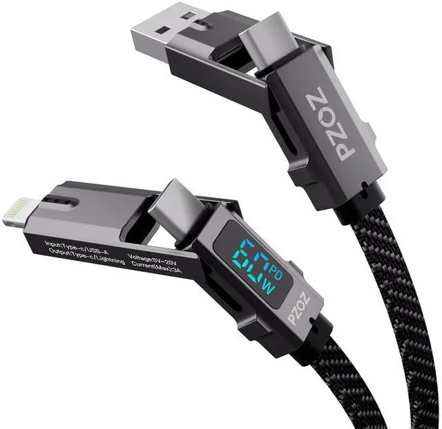 Main image of 4-in-1 Multi Charging Cable with LED Display, One Cable for USB-C & Lightning Devices, 60W Fast Charging Cord, USB A/C to USB C/Lightning for iPhone 17/16/15, iPad, MacBook, Samsung(5 ft)