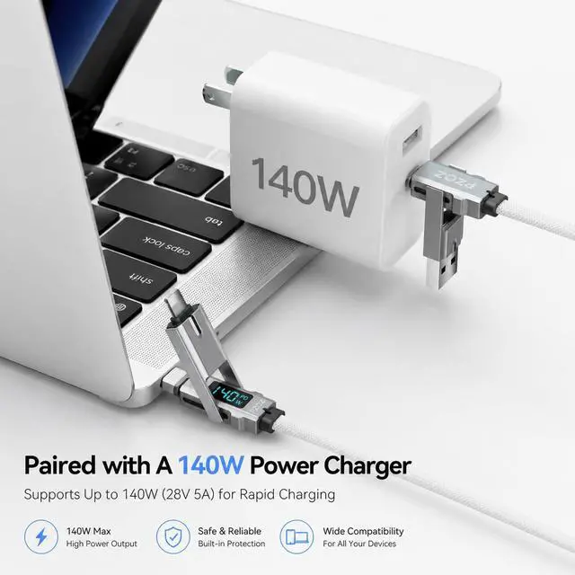 Alt view image 4 of 5 - 4-in-1 Multi Charging Cable with LED Display, One Cable for USB-C & Lightning Devices, 140W Fast Charging Cord, USB A/C to USB C/Lightning for iPhone 17/16/15, iPad, MacBook, Samsung (5 ft)