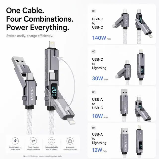 Alt view image 3 of 5 - 4-in-1 Multi Charging Cable with LED Display, One Cable for USB-C & Lightning Devices, 140W Fast Charging Cord, USB A/C to USB C/Lightning for iPhone 17/16/15, iPad, MacBook, Samsung (5 ft)