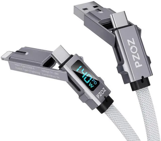 Main image of 4-in-1 Multi Charging Cable with LED Display, One Cable for USB-C & Lightning Devices, 140W Fast Charging Cord, USB A/C to USB C/Lightning for iPhone 17/16/15, iPad, MacBook, Samsung (5 ft)