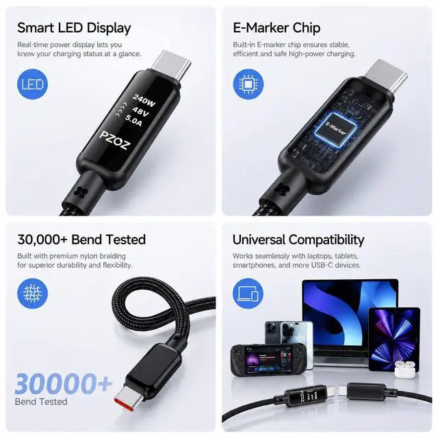 Alt view image 4 of 5 - USB C to USB C Cable 240W PD 3.1 Fast Charging Cable with LED Display, E-Marker Smart Chip, 5A Type C Charger Cord for iPhone Samsung Galaxy MacBook Pro/Air, iPad Pro, Steam Deck(4, feet)
