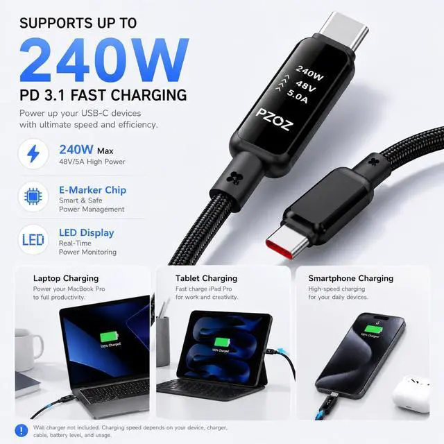Alt view image 2 of 5 - USB C to USB C Cable 240W PD 3.1 Fast Charging Cable with LED Display, E-Marker Smart Chip, 5A Type C Charger Cord for iPhone Samsung Galaxy MacBook Pro/Air, iPad Pro, Steam Deck(4, feet)