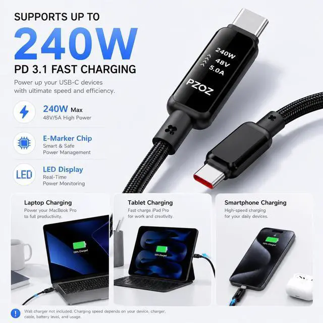 Alt view image 3 of 5 - USB C to USB C Cable 240W PD 3.1 Fast Charging Cable with LED Display, E-Marker Smart Chip, 5A Type C Charger Cord for iPhone Samsung Galaxy MacBook Pro/Air, iPad Pro, Steam Deck (6, feet)