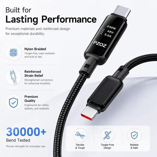 Alt view image 5 of 5 - USB C to USB C Cable 240W PD 3.1 Fast Charging Cable with LED Display, E-Marker Smart Chip, 5A Type C Charger Cord for iPhone Samsung Galaxy MacBook Pro/Air, iPad Pro, Steam Deck (6, feet)