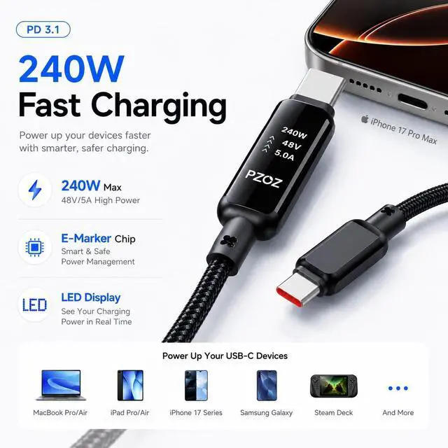Alt view image 2 of 5 - USB C to USB C Cable 240W PD 3.1 Fast Charging Cable with LED Display, E-Marker Smart Chip, 5A Type C Charger Cord for iPhone Samsung Galaxy MacBook Pro/Air, iPad Pro, Steam Deck (6, feet)