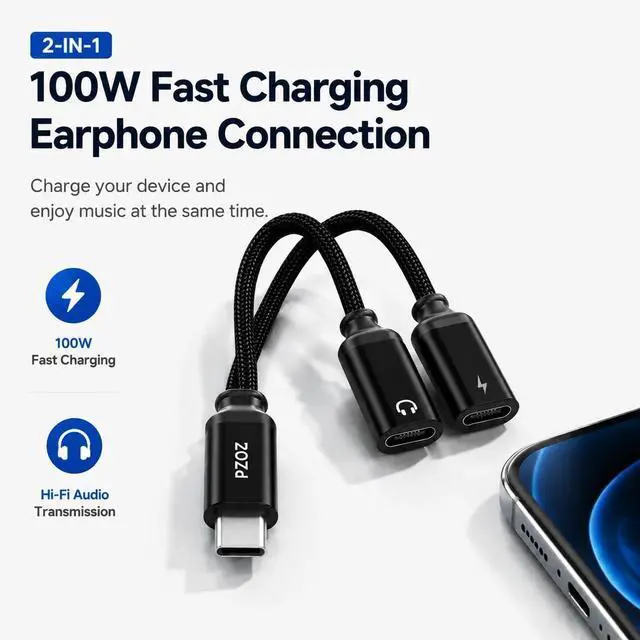 Alt view image 6 of 7 - USB C Headphone Adapter, 100W Audio Charging Splitter for iPhone | 2-in-1 USB-C adapter lets you charge and use wired headphones at the same time, perfect for music, gaming and calls.