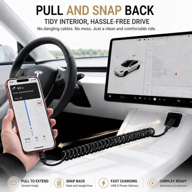 Alt view image 2 of 6 - 240W USB C Retractable Coiled Cable with LED Display, CarPlay Cable | Retractable Coiled USB C Cable with LED Display, 240W Fast Charging CarPlay Cable for Clean & Organized Car Charging