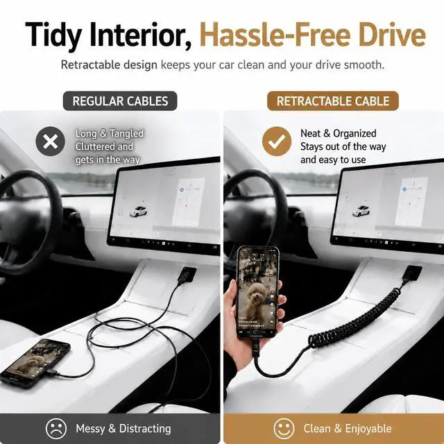 Alt view image 5 of 6 - 240W USB C Retractable Coiled Cable with LED Display, CarPlay Cable | Retractable Coiled USB C Cable with LED Display, 240W Fast Charging CarPlay Cable for Clean & Organized Car Charging