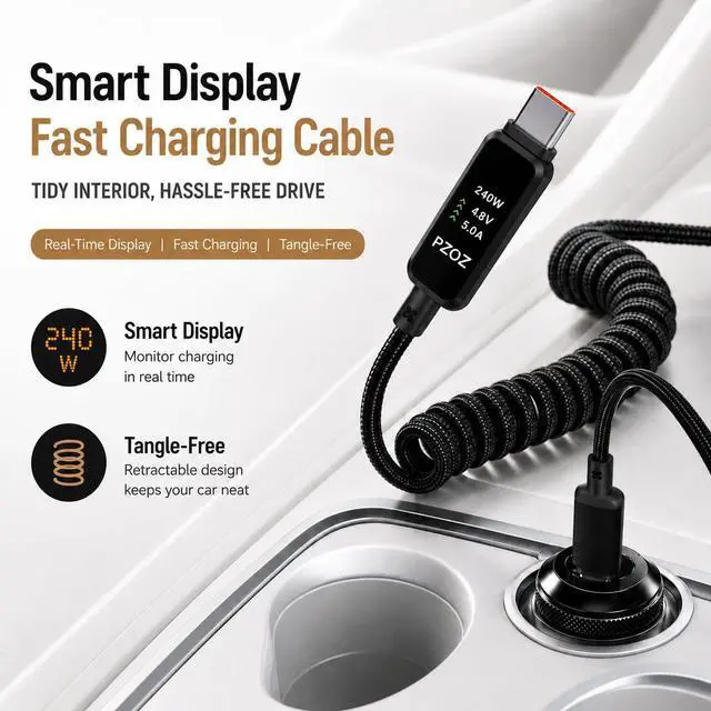 Alt view image 6 of 6 - 240W USB C Retractable Coiled Cable with LED Display, CarPlay Cable | Retractable Coiled USB C Cable with LED Display, 240W Fast Charging CarPlay Cable for Clean & Organized Car Charging