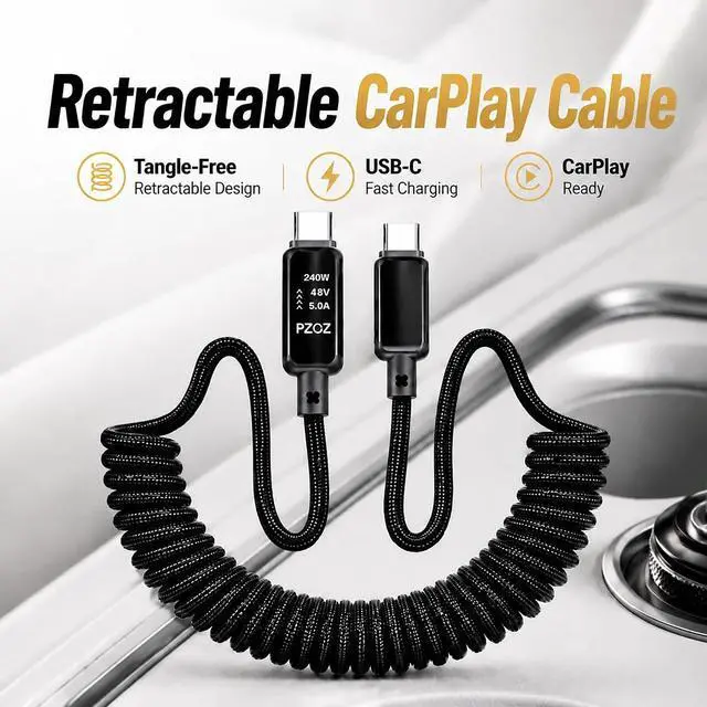 Alt view image 4 of 6 - 240W USB C Retractable Coiled Cable with LED Display, CarPlay Cable | Retractable Coiled USB C Cable with LED Display, 240W Fast Charging CarPlay Cable for Clean & Organized Car Charging