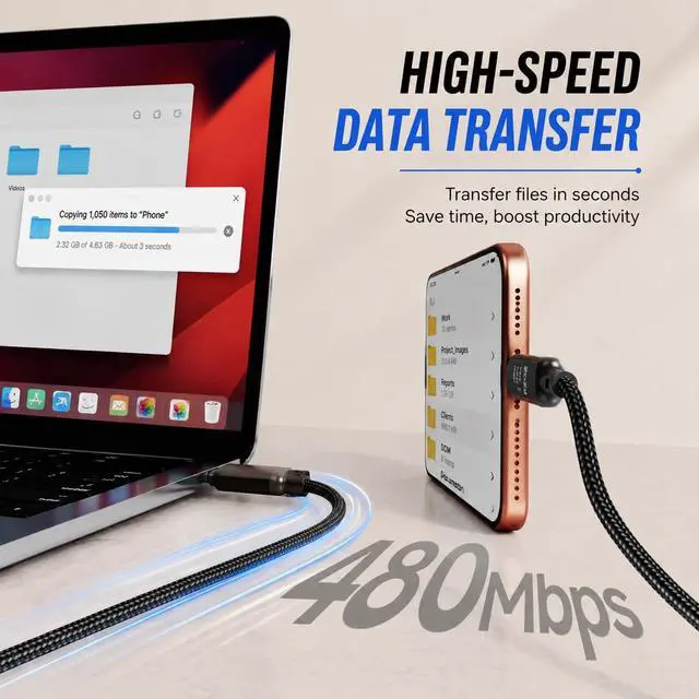 Alt view image 6 of 7 - 2-in-1 USB C Apple Watch Charger Cable, 140W Fast Charging Cord | 140W USB-C fast charging cable with Apple Watch charging and LED display, combining two charging needs in one cable.