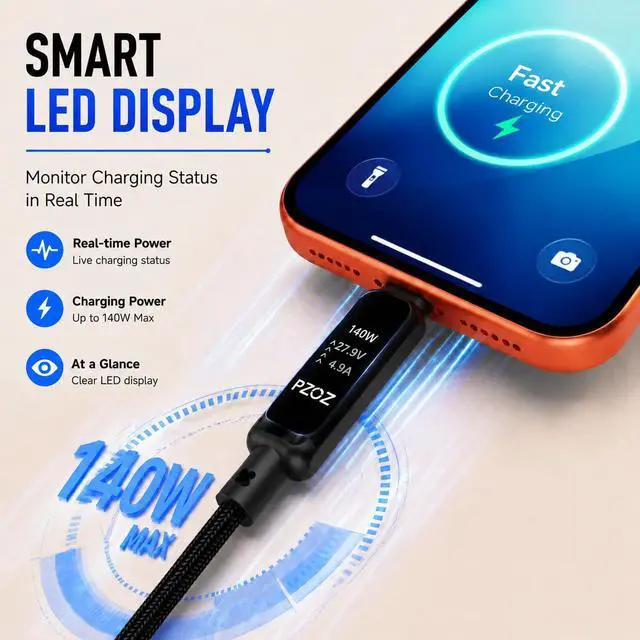 Alt view image 5 of 7 - 2-in-1 USB C Apple Watch Charger Cable, 140W Fast Charging Cord | 140W USB-C fast charging cable with Apple Watch charging and LED display, combining two charging needs in one cable.