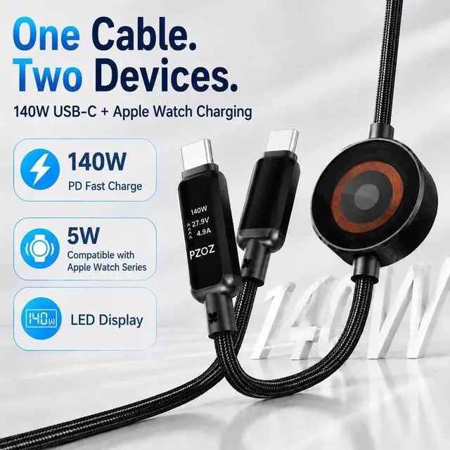 Alt view image 3 of 7 - 2-in-1 USB C Apple Watch Charger Cable, 140W Fast Charging Cord | 140W USB-C fast charging cable with Apple Watch charging and LED display, combining two charging needs in one cable.