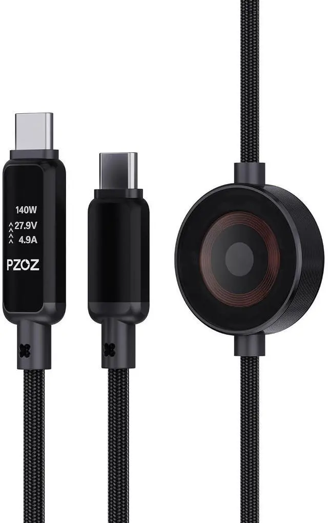 Main image of 2-in-1 USB C Apple Watch Charger Cable, 140W Fast Charging Cord | 140W USB-C fast charging cable with Apple Watch charging and LED display, combining two charging needs in one cable.