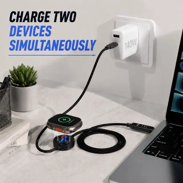 Alt view image 7 of 7 - 2-in-1 USB C Apple Watch Charger Cable, 140W Fast Charging Cord | 140W USB-C fast charging cable with Apple Watch charging and LED display, combining two charging needs in one cable.