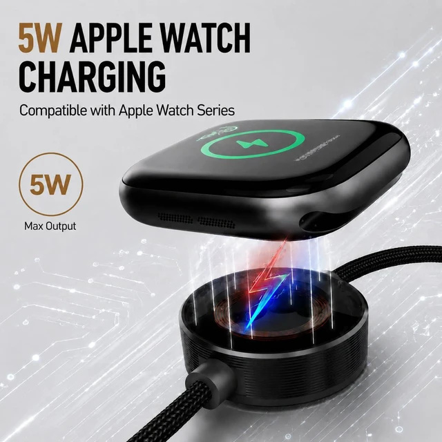 Alt view image 3 of 7 - 2-in-1 USB C Apple Watch Charger Cable, 140W Fast Charging Cord | 140W USB-C fast charging cable with Apple Watch charging and LED display, combining two charging needs in one cable.