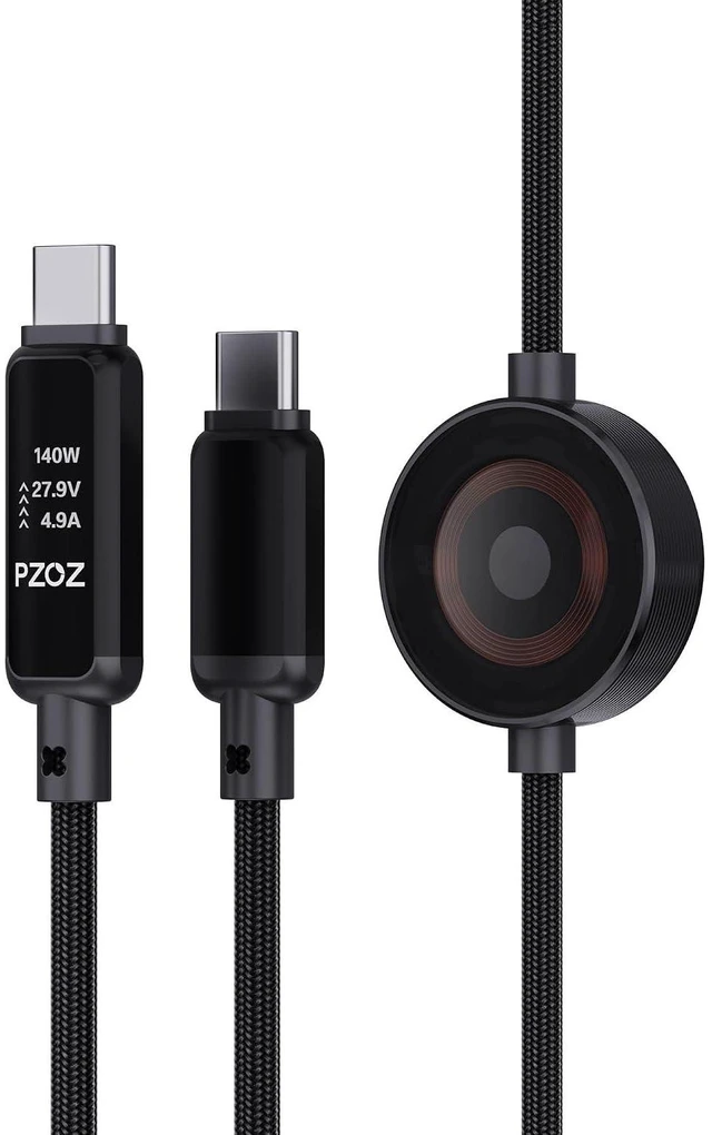 Main image of 2-in-1 USB C Apple Watch Charger Cable, 140W Fast Charging Cord | 140W USB-C fast charging cable with Apple Watch charging and LED display, combining two charging needs in one cable.