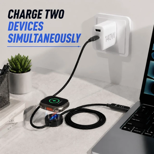 Alt view image 6 of 7 - 2-in-1 USB C Apple Watch Charger Cable, 140W Fast Charging Cord | 140W USB-C fast charging cable with Apple Watch charging and LED display, combining two charging needs in one cable.