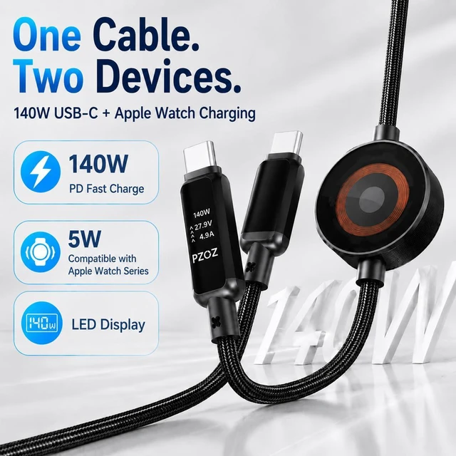 Alt view image 7 of 7 - 2-in-1 USB C Apple Watch Charger Cable, 140W Fast Charging Cord | 140W USB-C fast charging cable with Apple Watch charging and LED display, combining two charging needs in one cable.