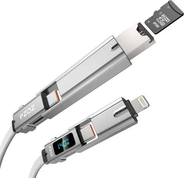 Main image of 5-in-1 OTG Cable with USB C Fast Charging LED Display and Micro SD Card Reader, Multi USBC Charger Combo Lightning/Type C/USB A TF Card OTG for iPhone iPad MacBook AirPods Pro Samsung-140W 5 ft