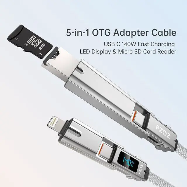 Alt view image 2 of 6 - 5-in-1 OTG Cable with USB C Fast Charging LED Display and Micro SD Card Reader, Multi USBC Charger Combo Lightning/Type C/USB A TF Card OTG for iPhone iPad MacBook AirPods Pro Samsung-140W 5 ft